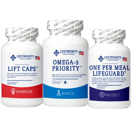 The Life Priority Heart Healthy Bundle includes our Omega-3 Priority™, One-Per-Meal LifeGuard™, and Lift Caps™ products. All products included in this Heart Health Bundle offering are part of the Life Priority-Designer Food Formula™ by Life Extension Scientists Durk Pearson and Sandy Shaw product line.
