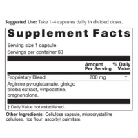 Nutristand, Nutricrafters,Smart Advantage contains a 200 miligram proprietary blend of Arginine pyroglutamate, ginkgo biloba extract, vinpocetine, and pregnenolone.