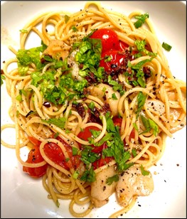 Healthy Recipe, Pasta with Scallops, Burst Tomatoes, Crispy Garlic, and Herbs, Scallops, often thought of as a luxury product.