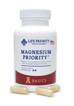 Bottle of magnesium dietary supplement with capsules.