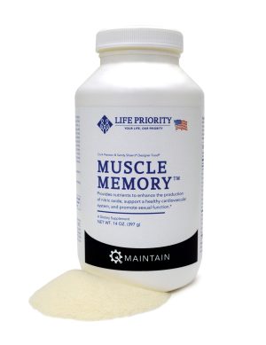 Container of Muscle Memory dietary supplement powder.