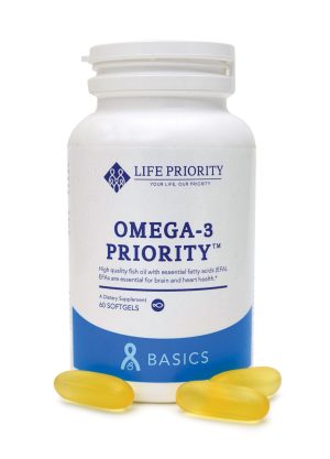 Bottle of Omega-3 dietary supplement with softgels.