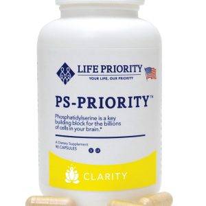Bottle of PS-Priority dietary supplement capsules.