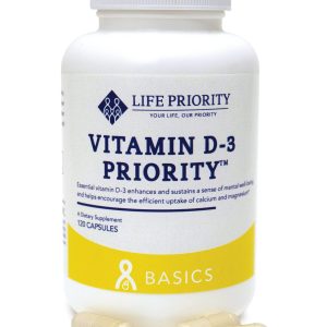 Bottle of Vitamin D-3 dietary supplement capsules.
