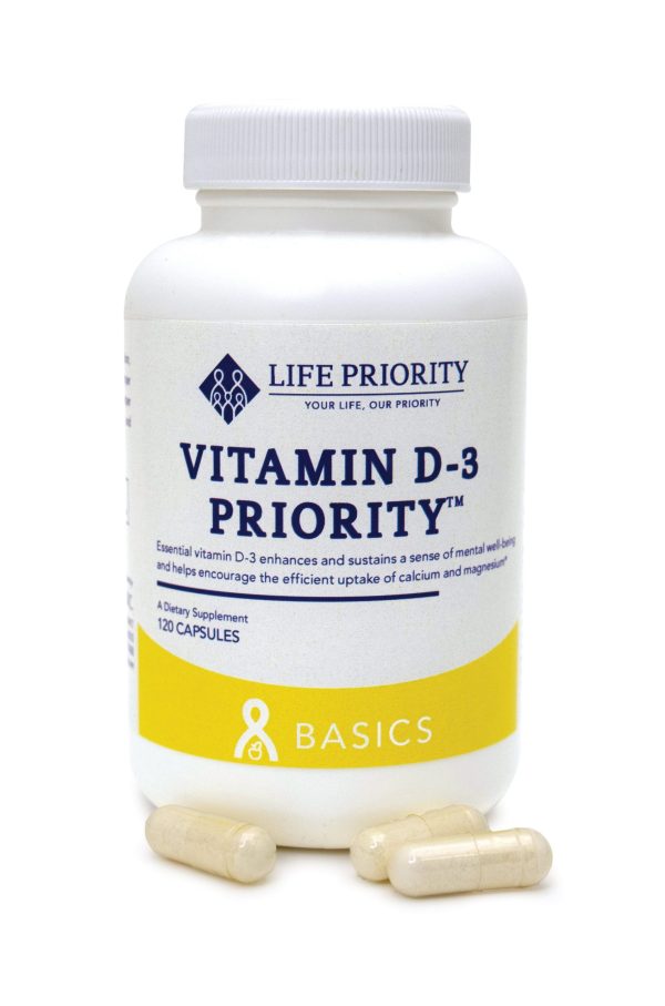 Bottle of Vitamin D-3 dietary supplement capsules.